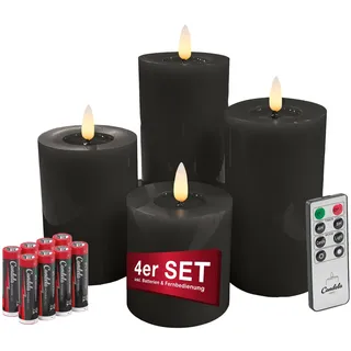 Candela Lights LED Kerzen 4er Set Winter Schwarz glatt Echtwachs inklusive Fernbedienung und 8 Batterien Timer Funktion & mehrstufig dimmbar flammenlos Echtwachskerzen Stumpenkerzen