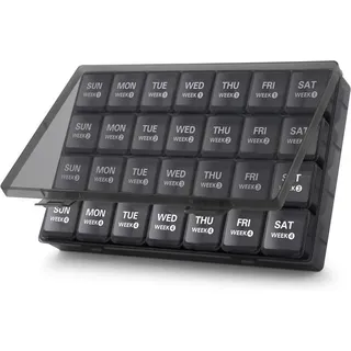 VVM Monatlicher Pillen-Organizer 28-Tage-Pillenbox, großer Medikamenten-Organizer für 4 Wochen, Ein-Monats-Pillenbox mit staubdichtem Behälter für Pillen/Vitamine/Nahrungsergänzungsmittel, Schwarz, 1 Stück
