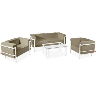 Konsimo Gartenlounge-Set TRIGLO Gartenmöbelset hergestellt in der EU, (4-tlg., 1x Tisch, 2x Sessel, 1x Sofa 2-Sitzer), Modern, handgefertigt, Stahlrahmen, mit Auflage beige|weiß