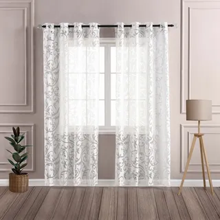 Delien Voile Ausbrenner Gardine mit Ranken Muster B140 x H260 cm, Weiß | 1 Stück,Mit Ösen,Transparenter Vorhang,Wohnzimmer Gardinenschals,Leicht,Luftig,Tür Fenster Dekoschals,Modern Stores