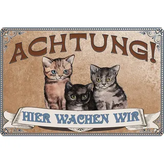 LUCKYLINDE – Blechschild Katzen Schild, Lustiger Spruch, Katze Deko, wetterfest 30 x 20 cm (Hier wachen wir!)
