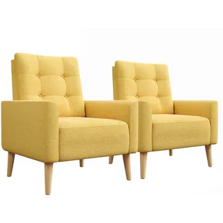 Mondeer Sessel 2er Set, Ohrensessel mit Bequemer Rückenlehne Massivholzbeine, Polstersessel bis 120 kg für Schlafzimmer Wohnzimmer Balkon Büro, Gelb