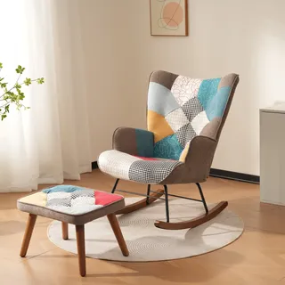 Bunter Patchwork-schaukelstuhl Mit Fußhocker – Retro-schaukelstuhl Für Wohnzimmer Aus Stoff In Leinenoptik, Beine Aus Nussbaumholz Und Metall Im Boho-stil