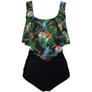 Aidotop Damen Badeanzug Rüschen Zweiteilige High Waist Bikini Retro Sätze mit hoher Taille Bademode Strandkleidung(10black Pineapple,M) - M