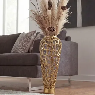 WOHNLING Bodenvase Aluminium 60cm Gold Design Blumenvase Groß Metallvase Modern Dekovase rund für Trockenblumen XXL Standvase Hoch Wohndeko Handmade - Gold