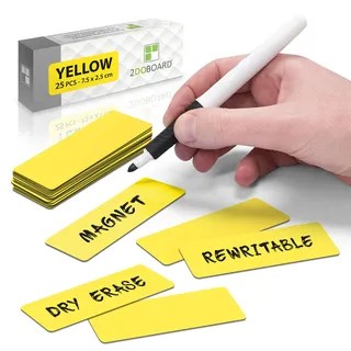 2DOBOARD Magnetstreifen beschreibbar - 7,5 cm x 2,5 cm Gelb - 25 Stück - Magnetschilder zum beschriften – Für Kühlschrank, Whiteboard & Tafel - Magnetetiketten