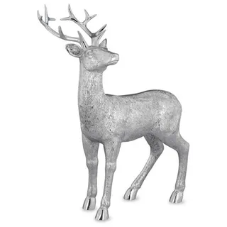 H.Bauer jun. Kleine stehende Kunststein Deko Hirsch Figur - silbern glänzende Jagdfigur mit Geweih - Silberglanz Weihnachts-Deko zum Hinstellen Höhe 28 cm
