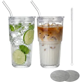550ml Gerippte Glasbecher (2er Set) mit Schiebedeckel & 2 Strohhalmen – Perfekte Eiskaffeegläser & Smoothiebecher To Go, Auslaufsicher, Spülmaschinengeeignet, inkl. Reinigungsbürste & 2 Untersetzer