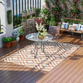 Wendbarer Outdoor-teppich 182 X 274 Cm, Wasserfest, Aus Kunststoff, Für Terrasse, Balkon, Camping, Strand, Rot Und Weiß