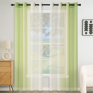 EMEMA Voile Vorhang Zweifarbiger Vorhang mit Ösen Transparente Gardine Ösenschal Fensterschal Lichtdurchlässig für Schlafzimmer 2er Set 140x260cm Grün
