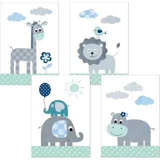 LALELU-Prints | A4 Bilder Kinderzimmer Deko Mädchen Junge | Zauberhafte Dschungel-Tiere mint | Poster Babyzimmer | 4er Set Kinderbilder (DIN A4 ohne Rahmen)