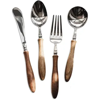 DUddTTW Besteck Set Besteck-Set, 4/6-teilig, Messer, Gabel, Löffel mit Holzgriff, Geschirr-Set, Edelstahl-Menügabeln, Küchentischlöffel prägnant