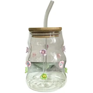 Jenngaoo Geriffelter Matcha Glas mit Deckel, Glasbecher Strohhalm, 300ml, Welliger Glas für Eiskaffee, Smoothies, Limonaden, Spülmaschinengeeignet, mit Rosendekor