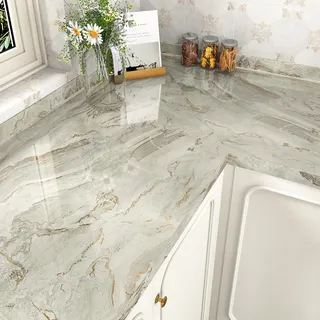 HotDecor Klebefolie Marmoroptik Tapete Beige Gold Selbstklebende Marmor Folie Arbeitsplatte Küche Dekofolie Möbelfolie Selbstklebend Abwaschbare Tapete Küche Klebefolie für Schrank 40cm X 200cm