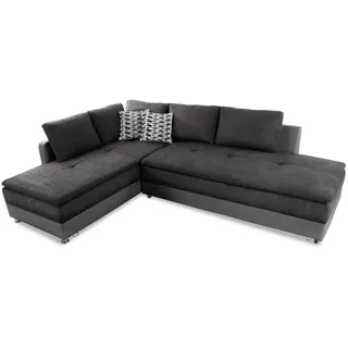 luma-home Ecksofa 15106, Dauerschläfer-Doppelbett B306/T223/H95 cm, Bettkasten, Regal, Boxspring, Federkern, Wellenunterfederung, Topper, Schwenkteil rechts, Mikrofaser Anthrazit/Kunstleder Grau grau|schwarz