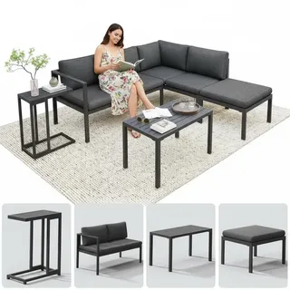 Melko Ecklounge Gartenlounge Aluminium mit Hocker Beistelltisch rostfrei | extra dicke Kissen mit waschbaren Bezügen, variabel aufstellbare Elemente, UV- und salzwasserbeständig, Anthrazit und Grau