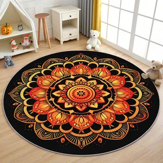 AevuCub Mandala Teppich Rund 90 cm Kurzflor - Waschbare Teppiche Wohnzimmer Boho Blumen Hippie - Runder Teppich 90 Durchmesser Kinderzimmer - Bettvorleger Schlafzimmer rutschfest Weich