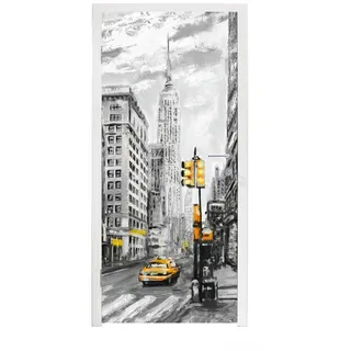 MuchoWow Türtapete Malerei - Stadt - Auto - Gelb, Matt, bedruckt, (1 St), Türfolie Selbstklebend, Türtapete, Türdeko Poster, 95x235 cm bunt 95 m x 235 m