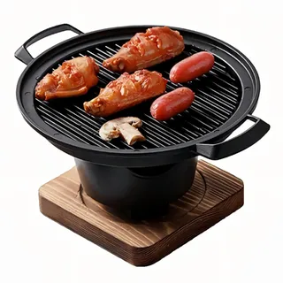 Natudeco Rauchfreier Tischgrill Traditioneller Japanischer Holzkohlegrill Tragbarer BBQ-Grill Aluminiumlegierung Tabletop Holzkohle Grill mit Holzsockel für Picknick Garten Balkon Camping
