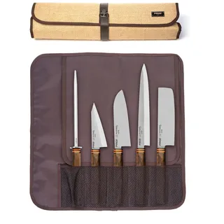 PIRGE Titan East Japanisches Messerset mit Tasche 6 Stück - Asiatisches Messerset - Edelstahl Profi Küchenmesser Set - Profi Messerset Scharf