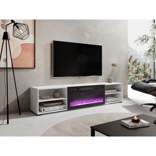 MIRJAN24 TV-Schrank Polo 180 (mit Elektrische Kamin) Realistische LED-Flamme, Gehärtetes Glas, 180x33x39 cm schwarz|weiß