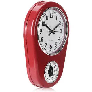 KIMISS Küchen-Wanduhr Mit Timer, Rot, ABS-Glas, Vintage-Stil, Große Uhr, Heim-Küchen-Timer