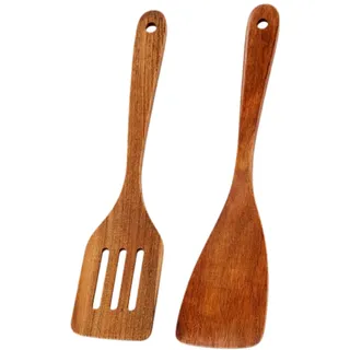 2 PCS Pfannenwender Holz, Küchenutensilien Holz mit Pfannenwender und Schlitzwender, natürliche Maserung wie kochlöffel olivenholz, Holzlöffel set für Gesundes Kochen, Braten und Wenden