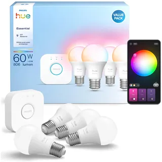 Philips Hue Essential Starter-Set: Bridge + 4 Essential E27 Smart Leuchtmittel, White und Color Ambiance LED Licht, 2200-6500K, dimmbare LED Lampen, funktioniert mit diversen Sprachassistenten