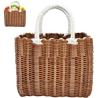 Kaezuy Kunststoff Einkaufskorb Mit Henkel, Robuste Strandtasche Stroh Tragetasche, Korbtaschen Damen Sommer, Wasserdicht Einkaufstasche Geflochtene Tasche (Braun-L)