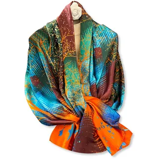 LumiSyne Seidenschal Damen Ölgemälde Blume Gedruckt Baum Muster Bunte Künstlerisch Stil Damen Seidentuch Lange Große Schals Leicht Warme Halstücher Stola Sonnencreme Kopftuch Strand Wrap Ganzjährig - Einheitsgröße