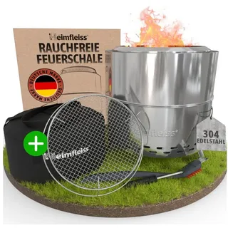 Heimfleiss® Feuerschale Feuerstelle Edelstahl 304 rauchreduziert Camping, (Komplettset mit Grillrost, 6-St., inkl. Topfhalter & Tragetasche), windgeschützt Ø 50 cm silberfarben