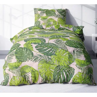 Heubergshop Bettwäsche, Renforcé, 2 teilig, 155x220cm + 80x80cm - Tropische Blätter Grün 100% Baumwolle (510/1) grün