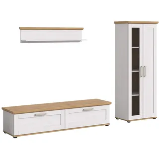 furnling Wohnzimmer-Set Viola, (3-St., bestehend aus Lowboard, Vitrine, Wandboard), Wohnzimmerschränke, Absetzungen in Artisan Eiche, Breite 240 cm weiß