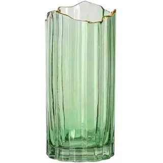 PEPAXON Hohe Glasvase für Blumen Große Zylinder Grün 25cm Hoch | Kristall, Mittelstück, Heimdekoration, Tischplattendekoration, Gold Edge, Breiter Mund