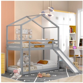 EXTSUD Kinderbett Kinderbett Hausbett mit Rutsche und Lattenrost, Echtholz-Etagenbettgestell mit Lattenrost 90 x 200 cm grau