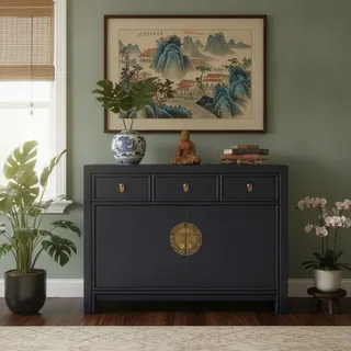 OPIUM OUTLET Chinesische Kommode Asia Sideboard orientalischer Schrank asiatische Vintage Möbel Anrichte Hochzeitsschrank komplett montiert blau Midnight-Blue