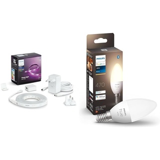 Philips Hue White & Color Ambiance Lightstrip Plus Basis-Set V4 (2 m) & White E14 Kerze Einzelpack 470lm, dimmbar, warmweißes Licht, steuerbar via App, kompatibel mit Amazon Alexa (Echo, Echo Dot)