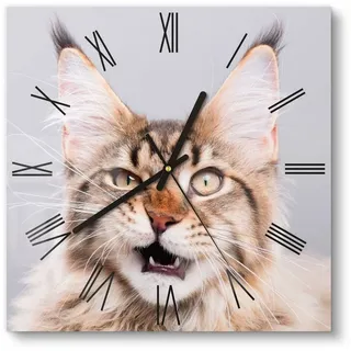DEQORI Wanduhr 'Maine Coon Katze faucht' (Glas Glasuhr modern Wand Uhr Design Küchenuhr) beige 30 cm x 30 cm
