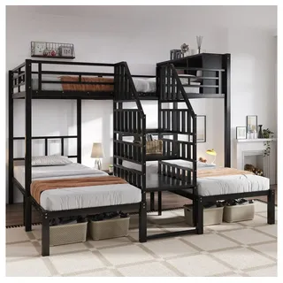 BBWL Metallbett mit drei Schlafplätzen, 90x200cm & 140x200cm, stabile Metallstruktur, Eisenbett Etagenbett, Treppe, Stauraum, Schwarz schwarz