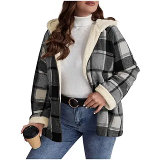 Dyhxuan Winterjacke Damen mit Kapuze Fleece Gefüttert Kapuzenjacke Kariert Fleecejacke Loose Übergangsjacke Retro Karo Jacke - S
