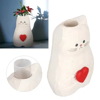 Weiße Katzenfigur, Blumenvase Aus Strukturiertem Holz, Handgefertigt, 15 Cm, Wohnaccessoire, Sammlerstück, Geschenkidee Zum Erntedankfest