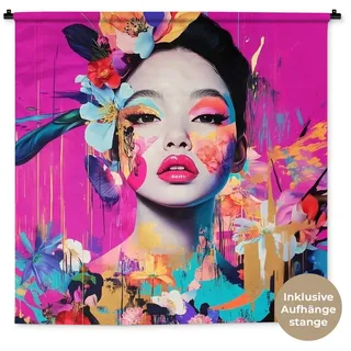 MuchoWow Wandteppich Frau - Porträt - Abstrakt - Lila, Quadratisch, Höhe: 3 mm, Wandtuch, Wanddekoobjekt, 120x120 cm Quadratisch | 120 cm x 120 cm x 3 mm