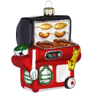 INGE-GLAS Christbaumschmuck Glas 9cm BBQ Gasgrill mit Glitzer Weihnachtskugeln Grillen Grillparty rot bunt
