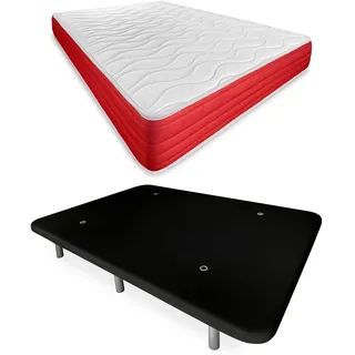 DUÉRMETE ONLINE Schwarzes Komplettbett mit wendbarer Lite-Matratze und verstärktem Boden, 6 Beine, Holz, 90 x 190 cm