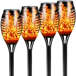 FLOWood Solarlampen für Außen Garten, Solar Fackel Gartenfackeln, 4 Stück | Solarfackeln mit realistischem Flammeneffekt, IP65 wasserdicht, Auto EIN/AUS, für Gartenweg, Rasen, Hof und Terrasse