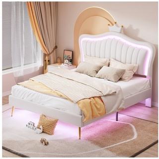 OKWISH Bett Kinderbett Polsterbet Gästebett (Kronen-Doppelbettgestell aus Leder mit LED-Leuchten, Lattenrost und Rückenlehne, Matratze nicht enthaltet 140 x 200 cm) weiß