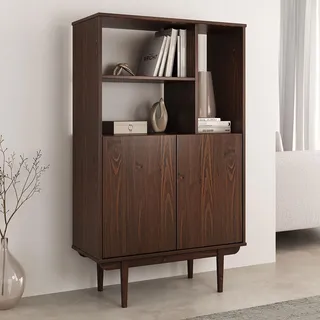 IDIMEX Highboard Simona mit offenem Regal aus Massivholz Nussbaum Farben – Wohnzimmer Kommode mit 3 offenen Fächern und 2 Türen – Bücherregal mit Türen – Retro Holzschrank