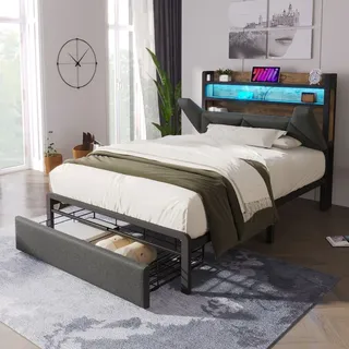 Flieks Polsterbett 90x200cm mit USB und Typ C, Stauraumbett Metallbett mit Lattenrost, Jugendbett Einzelbett mit LED und Schublade, Leinen, Grau - Grau