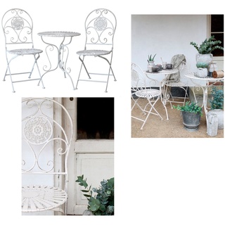 Chic Antique Garten-Essgruppe Tisch + 2 Stühle Set Bistro Gartenmöbel Creme Antik Eisen Chic