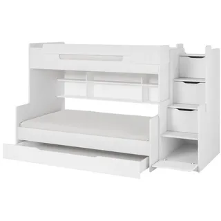 Deine Möbel 24 Funktionsbett HANNA Etagenbett Hochbett 90x200 120x200 Weiß Grau (Jugendbett Bett für Jugendliche, 2 tlg), Treppe weiß